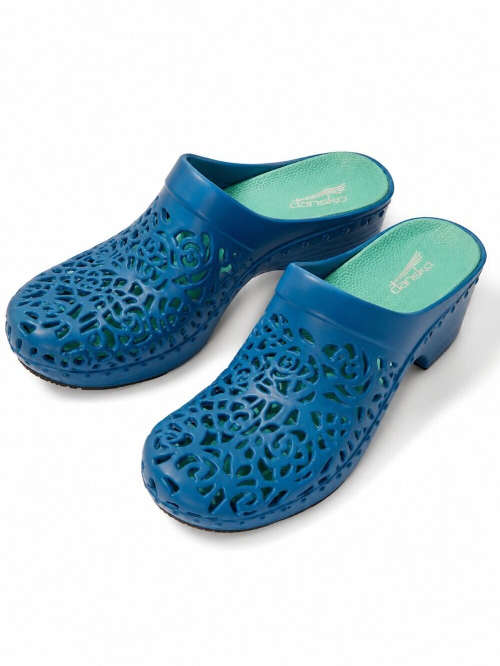 Dansko Blue Floral Cutout Clogs Mules EU 41 (US 10) Slip-On Shoes Coastal Artsy